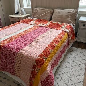 Anthropologie Boho 100% Cotton Patchwork Pink Stripe Reversible Quilt Queen